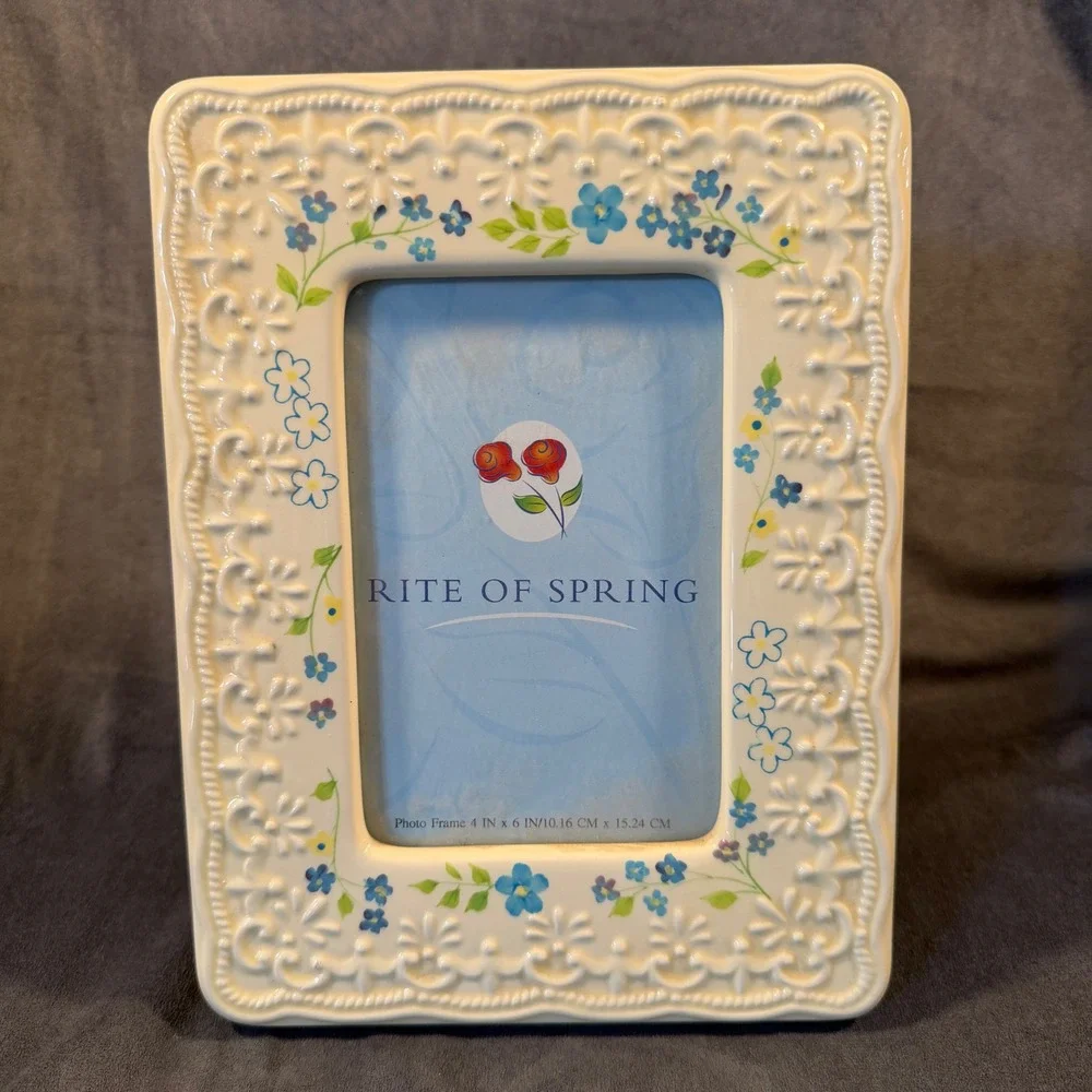 Rite of Spring Ceramic Floral Photo Frame 4x6 Blue Yellow Flowers Cream Embossed
